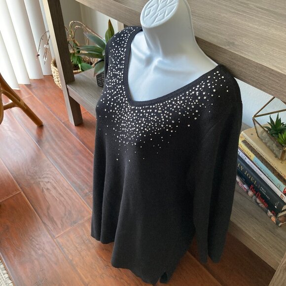 Quacker Factory Black Rhinestone Embellished  3/4 Sleeve Pullover Sweater Large - Picture 3 of 7